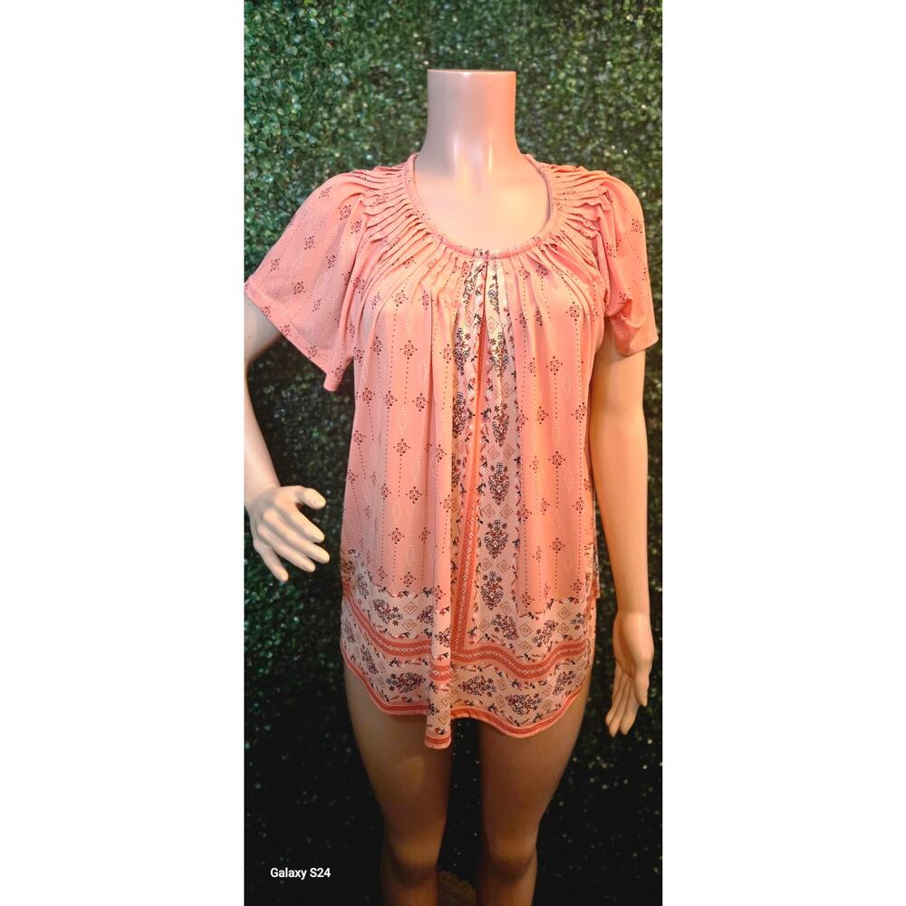 Style & Co Peach Boho Embroidery Ruffle Neck Blouse, Size OX